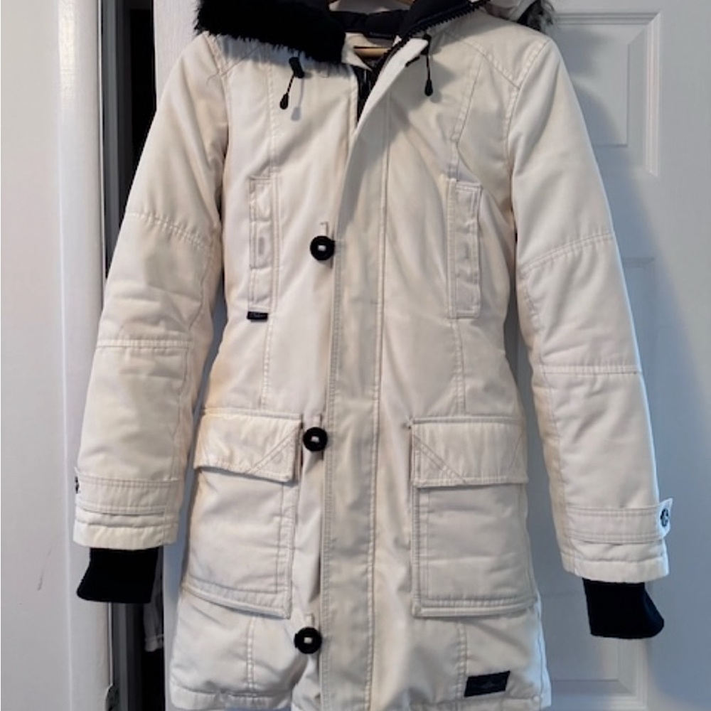 TNA White Banff Parka Jacket with Faux Fur Hood